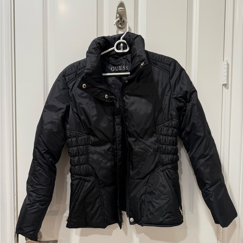 Cinched waist black GUESS down feather blend coat